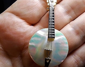 SALE Antique Mother of Pearl Banjo Brooch Marked Western Germany   2 1/3 " x 1 1/4 Shiny Gold Tone Figural with Wires.  EXCELLENT