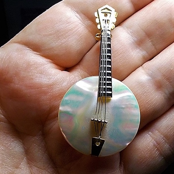 SALE Antique Mother of Pearl Banjo Brooch Marked Western Germany   2 1/3 " x 1 1/4 Shiny Gold Tone Figural with Wires.  EXCELLENT