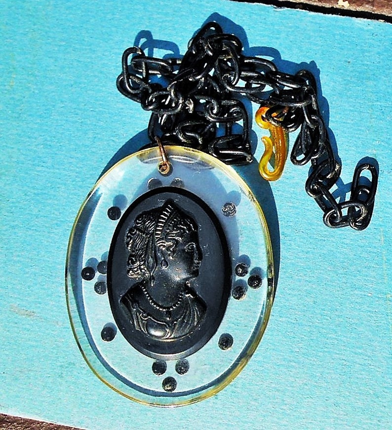 Only 99.90 SALE Antique Large Black Lucite Cameo Doublet With Polka Dots on Origianal Black Celluloid Link 19 Chain