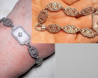 1920s Double Wedding Ring Camphor Glass Bracelet w/ Diamond  Etched Sterling Link Filigree Wedding Ring Shapes. Ornate Exquisite 6 3/4" Long