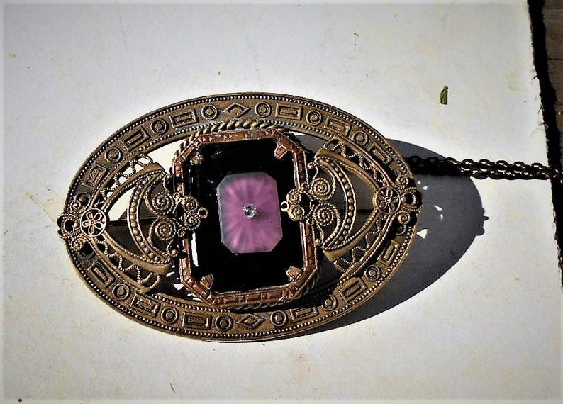 3 Brass Greek Art Deco Layers Geometrics Filigree 2 Added Vintage Camphor Glass Scrolls SALE 1900/'S GORGEOUS Sash Pin w Camphor Glass