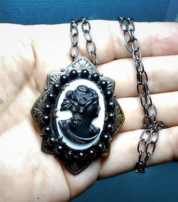SALE Antique Large Black Cameo on White Glass, Art