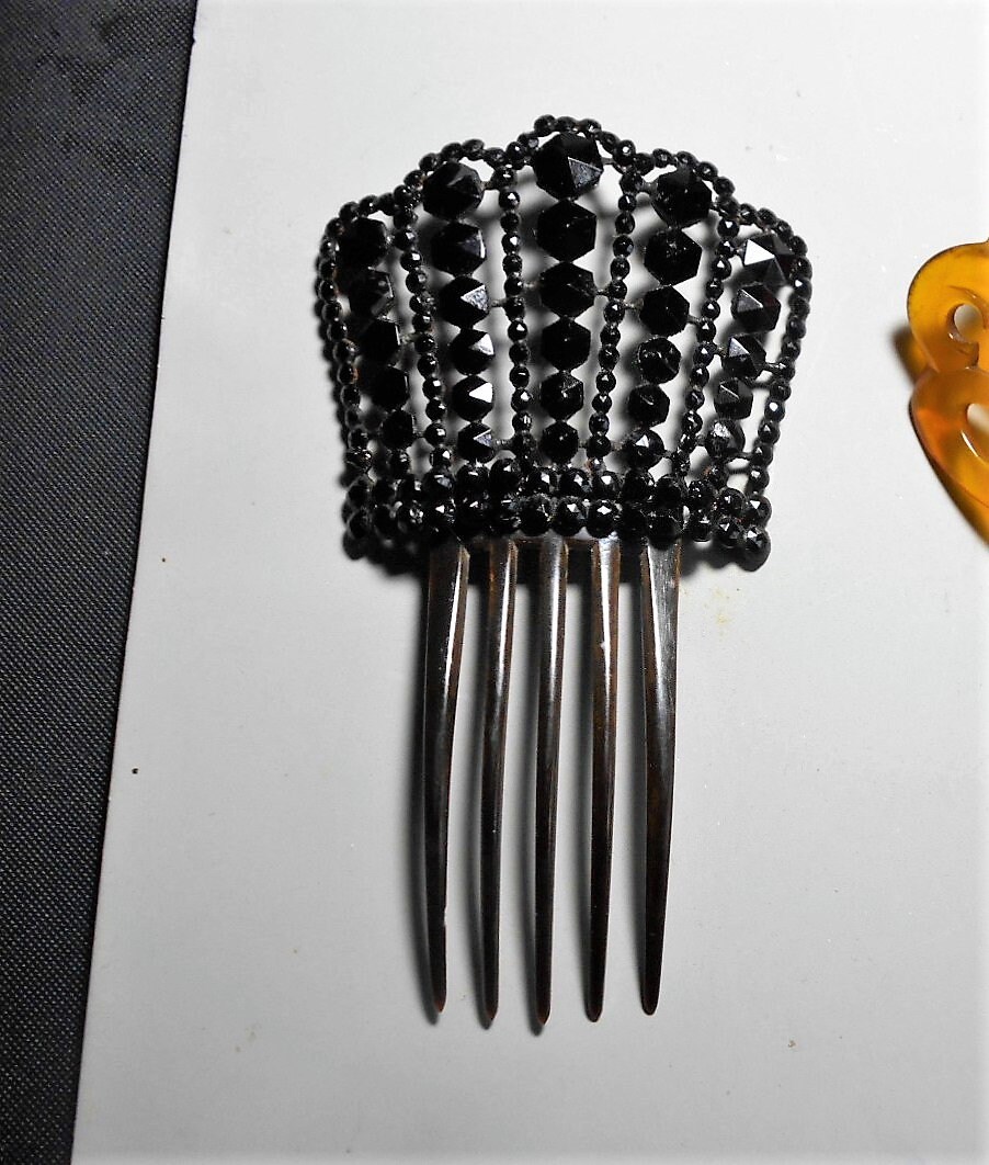 SALE Victorian Mourning Hair Comb, Antique Large Faceted  display picture 1