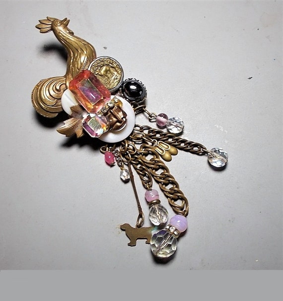 Vintage Rhinestone Rooster Chatelaine Brooch W Elk Collie Dog