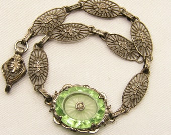 1 Green CAMPHOR Glass Bracelet Silver Plate Worn, w/ Rhinestone Filigree Links 1920 Art Deco Exquisite Gorgeous!  Only 249.90 Extender Avail