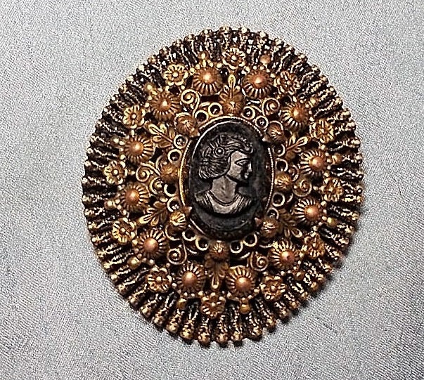 Broche Camée Cygne Antique En Celluloïd Filigrané Ajouré - Occasion Vintage