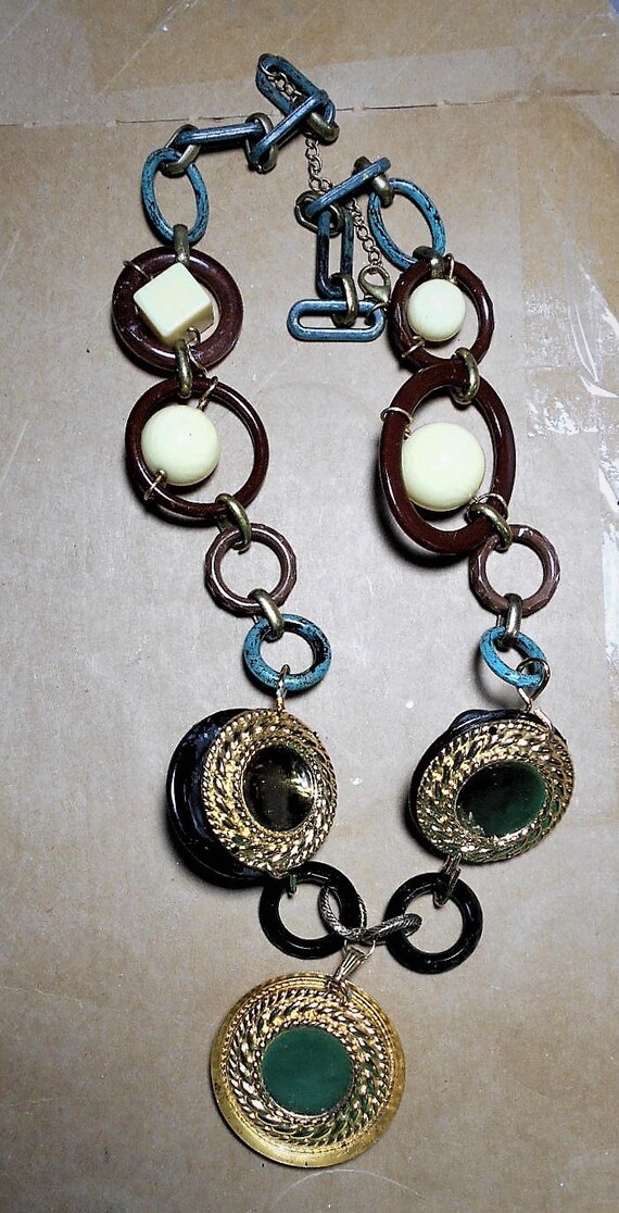 SALE Geometric Bakelite Necklace Ivory Celluloid Brown Black