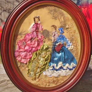 Ribbon & Stumpwork Embroidery of Victorian Ladies Fashion Copied on Fabric From La Mode IIlustree1880 in Antique Wood Oval Frame 14 X 12 image 2