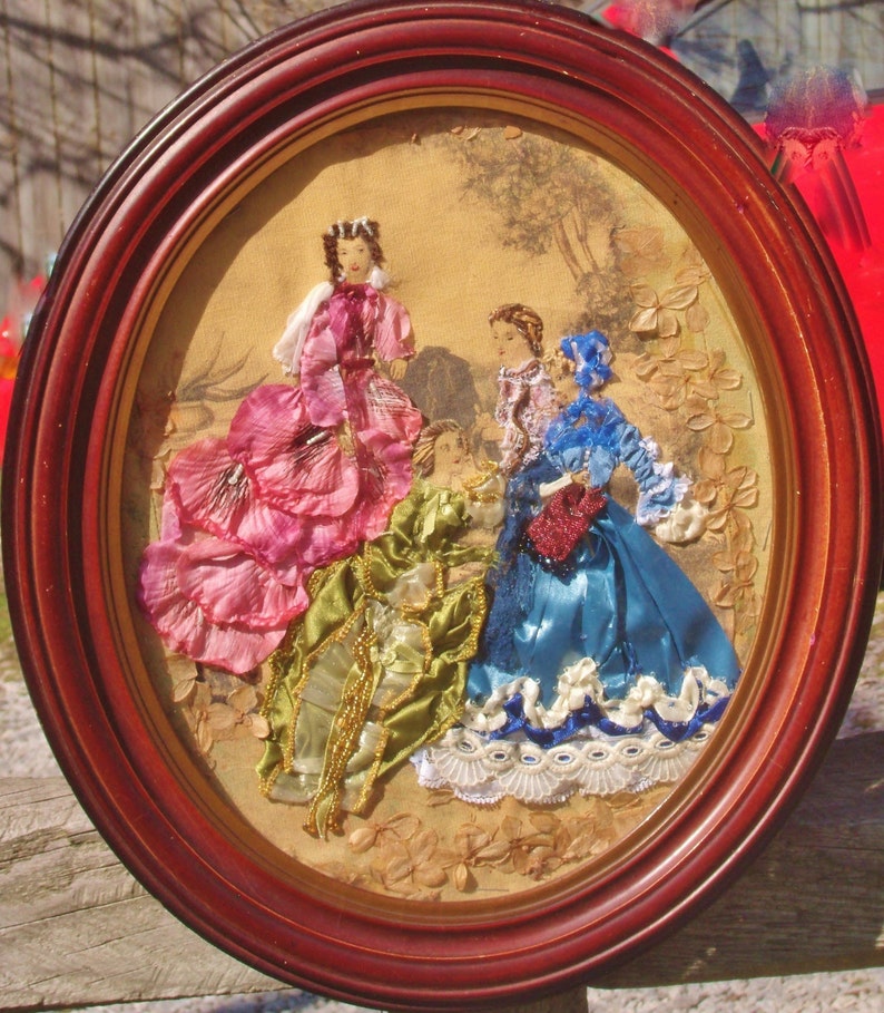 Ribbon & Stumpwork Embroidery of Victorian Ladies Fashion Copied on Fabric From La Mode IIlustree1880 in Antique Wood Oval Frame 14 X 12 image 2