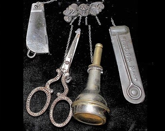 1920 Chatelaine Sewing Tools Lion Head Brooch w/ 4 Great Small Silver Tone Double-Sided Tools, Button Hook, Oil Can, Scissors, Lamp Cleaning