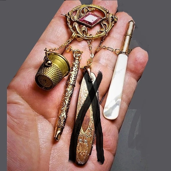 Dainty Gold-Filled Tool CHATELAINE  PSCo Amethyst Brooch, G F Glove Hook,  G F MOP Handle, England 5 Thimble All 4 199.90 or Individually