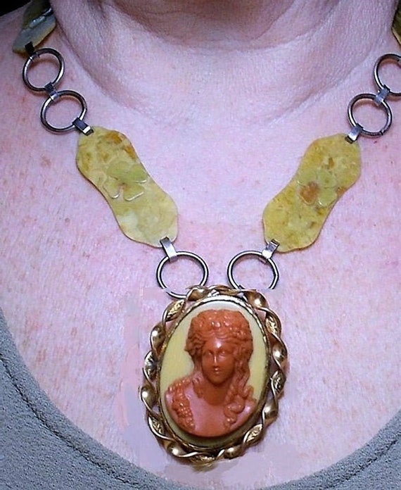 SALE 1940s Celluloid Coral Cameo on Celluloid Neck