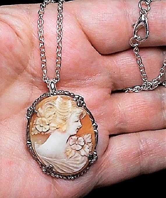 Sterling Shell Cameo Necklace, Hand Carved Beauty 