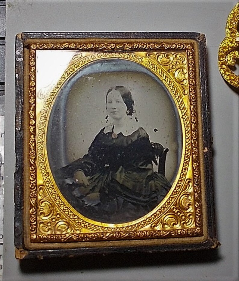 Double Glass Gold Color Pinchbeck Framed. Half Case 163 yr Old Darling Fashion Pose VICTORIAN AMBROTYPE Lady Full Big Dress Artist Tinted