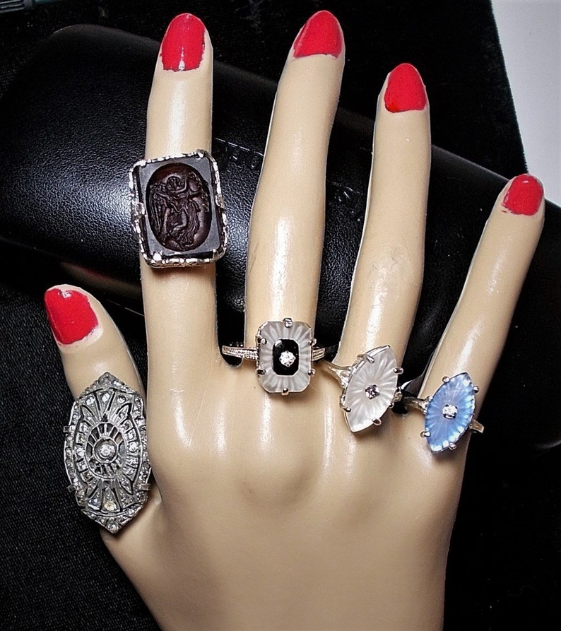 1 Blue Camphor Glass Ring Vintage w Rhinestone New Marked 925 Size 6-9 Your Choice Vintage Pale Blue Starburst Camphor Marquise Shape