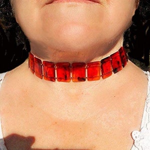 SALE Vintage Acrylic Amber Tortoise Choker 1 Inch Tiles to Look Like Amber w/Inclusions/Pattern Tortoise, Adjustable  Big Dangle Sphere