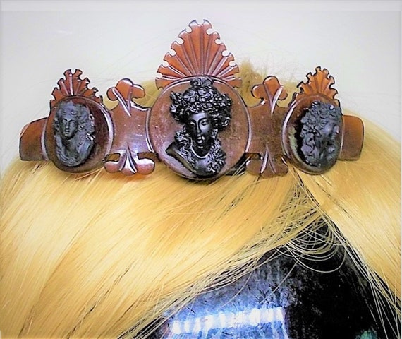 Sale 1880 Victorian 3 Black Cameos Hair Comb HING… - image 1