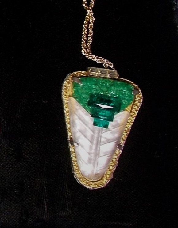 SALE 1920s Arrow Camphor Glass Emerald Glass & Celluloid Necklace Brooch Pot Metal Rhineston Step Stones Setting Large Camphor Glass OOAK