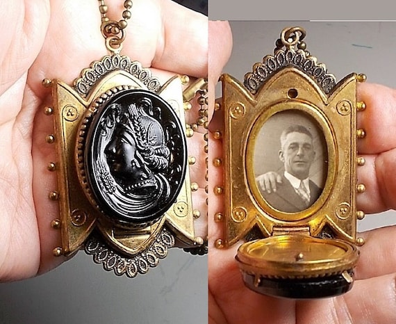 1 Antique Large Heraldic Black Cameo Nyx LOCKET Necklace Goddess of the Night Setting on Brass Tri-point Metal Ball Chain Necklace.  169.90