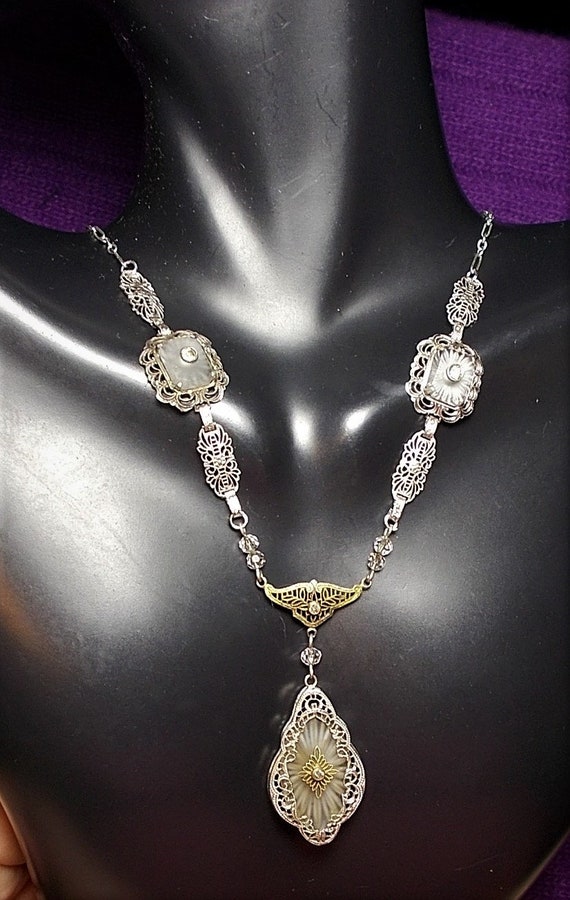 1920s 3 Piece CAMPHOR GLASS Necklace 3 Marquise &… - image 6