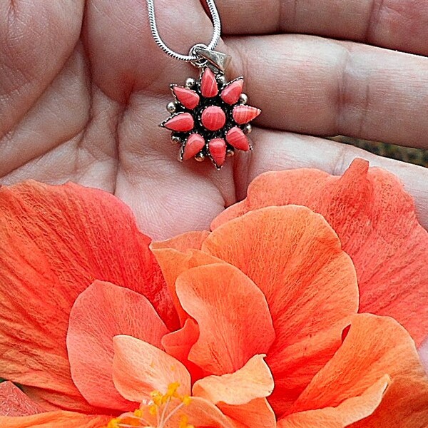 SALE Vintage Sterling Silver  Genuine Coral Flower Necklace. Marked 925 on Pendant, Back of Bail & End of Sterling Snake Necklace Only 39.90