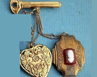SALE 3 PIECES Brass Skeleton Key Brooch, Brass Powder Sachet Heart, Victorian Brass Ornate Double Locket w/ Glass Hardstone Cameo. 99.90 all
