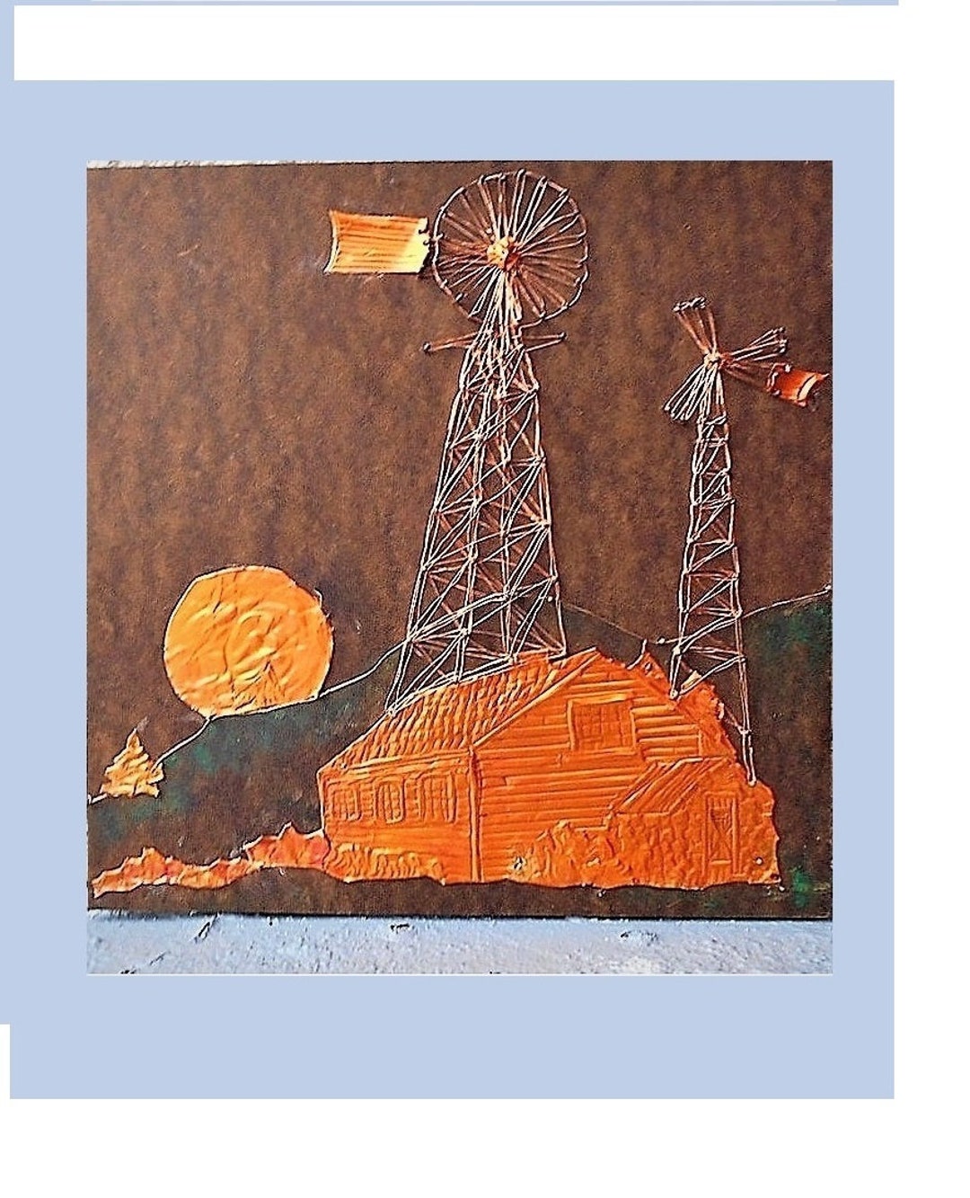 SALE Copper & Wire String Art, This Ol Farm. Copper Carved Log Cabin