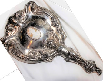 Antique Cherub Hand Mirror Art Nouveau w/ Gorgeous Cameo, Vintage Hand Carved Shell Cameo w/ Curls, Hair Comb Heavy Silver Plate Wavy