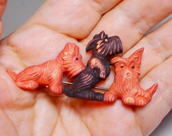 1930s Celluloid DOG Brooch 3 Small Scotties Dogs,  Measure 2 1/3" c 1 1/3".  Very Cute!