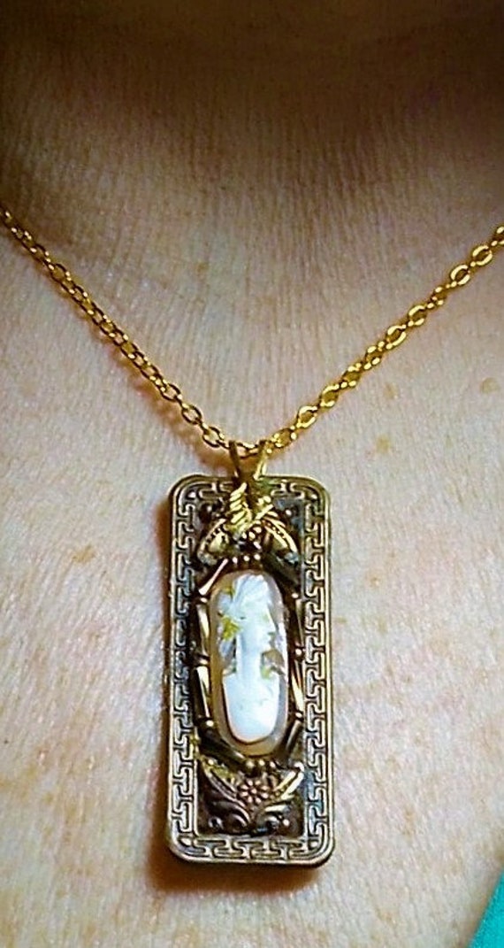 SALE Antique CAMEO Ornate Brass Necklace Coupled … - image 3