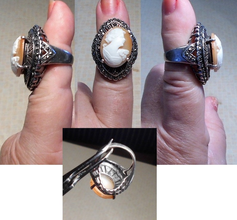 Marcasite 925 Ring SALE 1 Vintage Hand Carved Shell Cameo SterlingOpen Work Vintage Ring Size 6 Large Flowered Cameo Ring 179.90 OOAK