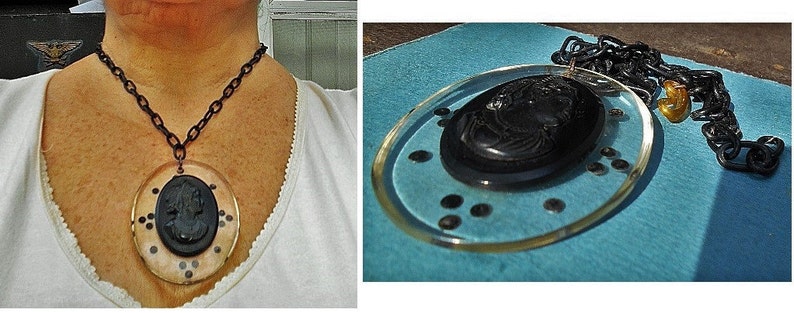 Only 99.90 SALE Antique Large Black Lucite Cameo Doublet With Polka Dots on Origianal Black Celluloid Link 19 Chain
