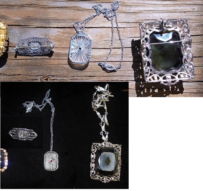 SALE Large CAMPHOR Glass w Black Jet Glass Diamond on Large Rhinestone Smokey Glass Brooch Pendant on Rhodium Plated Necklace 69.90 OOAK