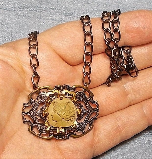 SALE Lava Cameo Necklace Antique 1900 Hand CarvedHigh Relief. Rare Left Facing Downton Abbey Crown Ribbons Brass Buckle Setting Necklace