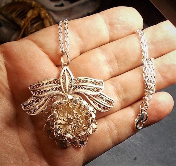 1920s Sterling Filigree Flower Beautiful Hand Wro… - image 1