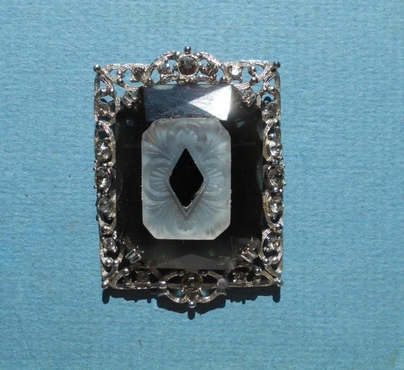 SALE Large CAMPHOR Glass w Black Jet Glass Diamond on Large Rhinestone Smokey Glass Brooch Pendant on Rhodium Plated Necklace 69.90 OOAK