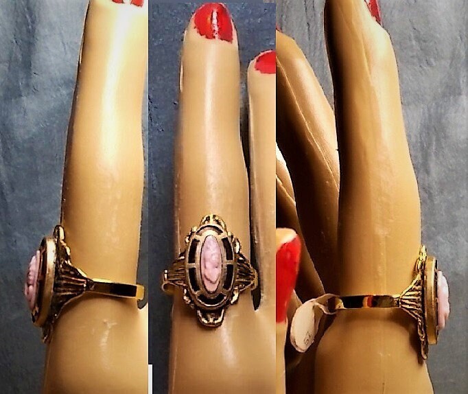 SALE RING Coral Glass Cameo TINY Marquise Cameo Ring, w/ Tall Flower Hat Nos Gold Plated Ring One of a Kind.  69.90