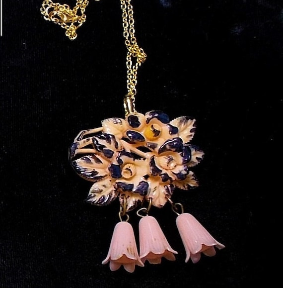 SALE PINK Celluloid Floral Brooch w/ Dangles 1920… - image 1