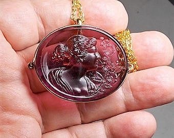 Antique Victorian Amethyst Glass "Flo" CAMEO Goddess of Flowers, Intaglio, Gold Filled Wrapped Brooch. Pendant Converter Fine G P Necklace