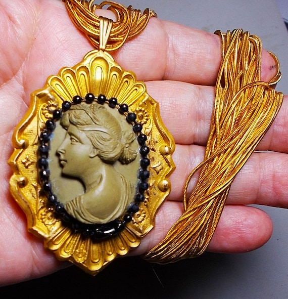 Large Gold Over Brass Lava Cameo Necklace/Brooch H
