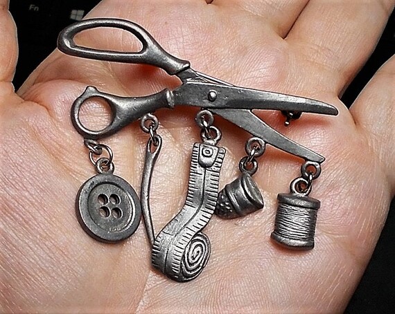 SALE Vintage Sewing CHATELAINE Pewter Brooch 2 1950s Figural