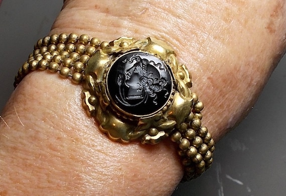 SALE Antique Black Glass CAMEO Brass Ball Chain B… - image 1