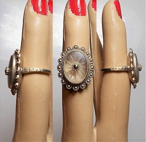 SALE 1920s Camphor Glass Ring, w/ Marcasite Focal… - image 1