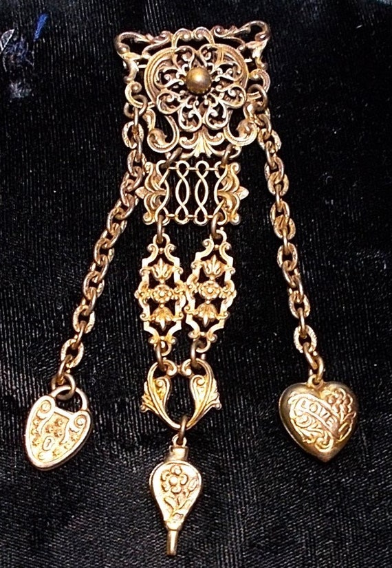 1  Brass LOVE Chatelaine w/ 3 Large Dangles Hangi… - image 3