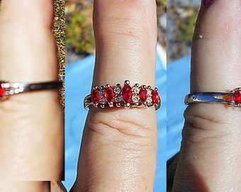 SALE Vintage Red & Clear Ring Faceted Rhinestones?, Size7, Raised Tapered Silver Ring. Marked NV    Only 24.90