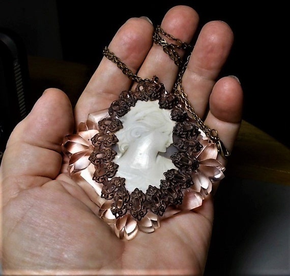 SALE Huge Shell Cameo on 1920s Cut Glass Faceted R