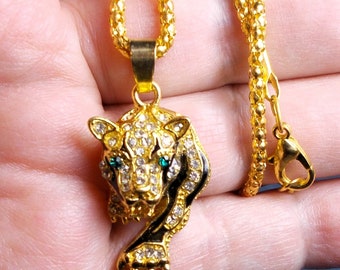 Small Rhinestone Figural Tiger Necklace Shiny Thick Gold Tone Unbranded Alloy Metall Measures 1 1/4" on 23" Shiny Gold tone Sweater Chain