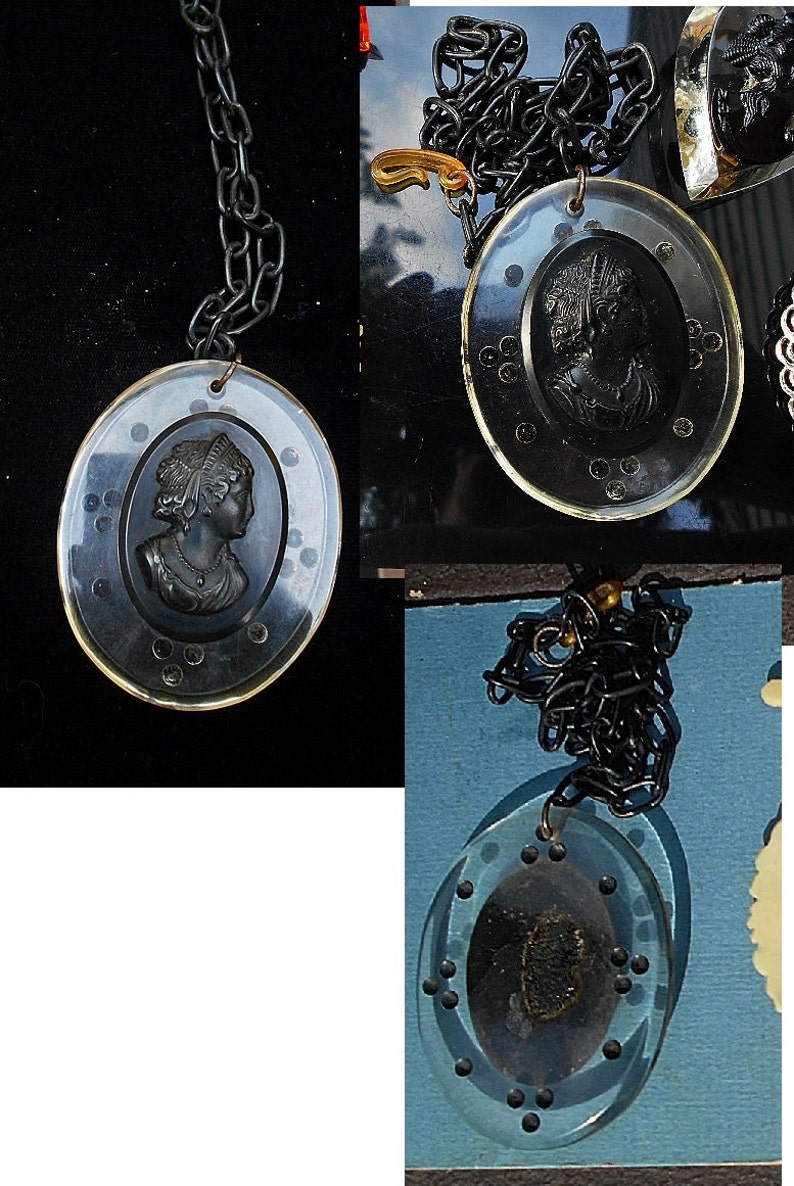 Only 99.90 SALE Antique Large Black Lucite Cameo Doublet With Polka Dots on Origianal Black Celluloid Link 19 Chain