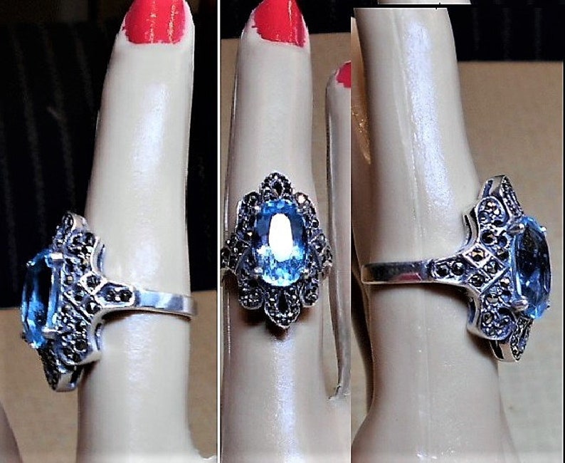 Size 6 Sparkling Glittering Sapphire Stone in Raised Edwardian Open Work Filigree 1 Sterling Marcasite Filigree Sapphire Ring Only 99.90