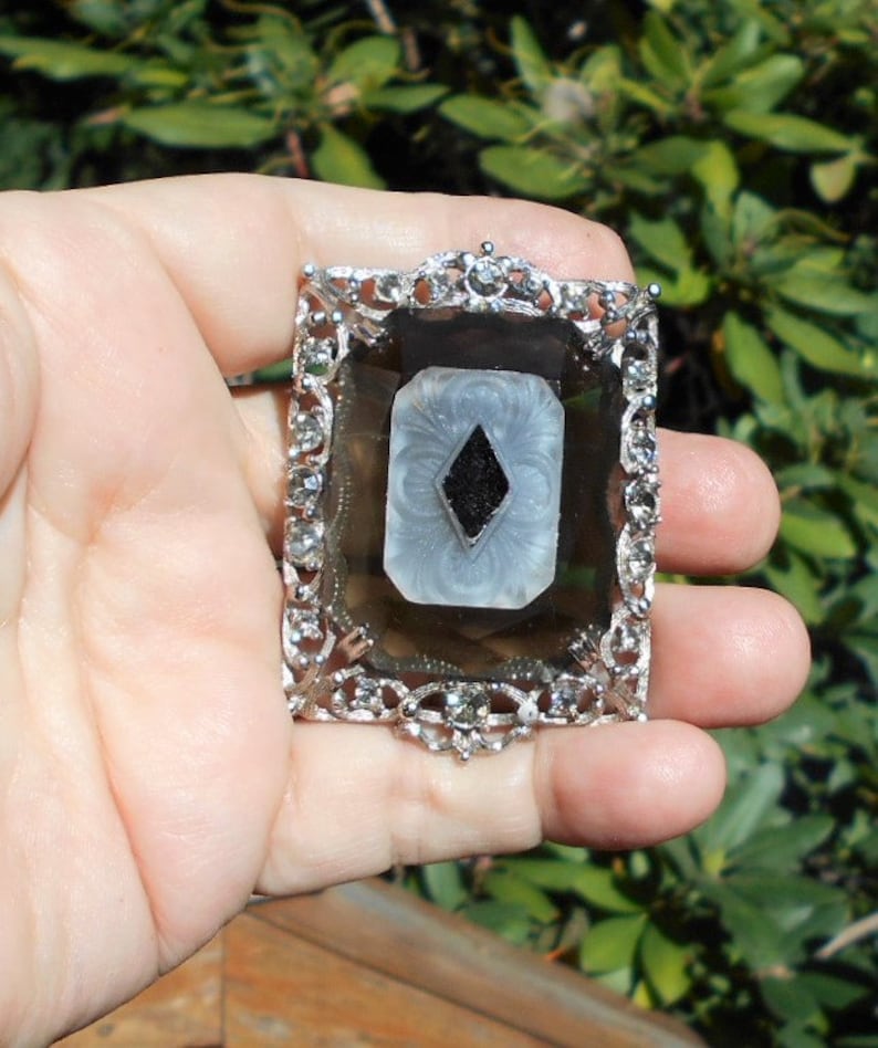 SALE Large CAMPHOR Glass w Black Jet Glass Diamond on Large Rhinestone Smokey Glass Brooch Pendant on Rhodium Plated Necklace 69.90 OOAK